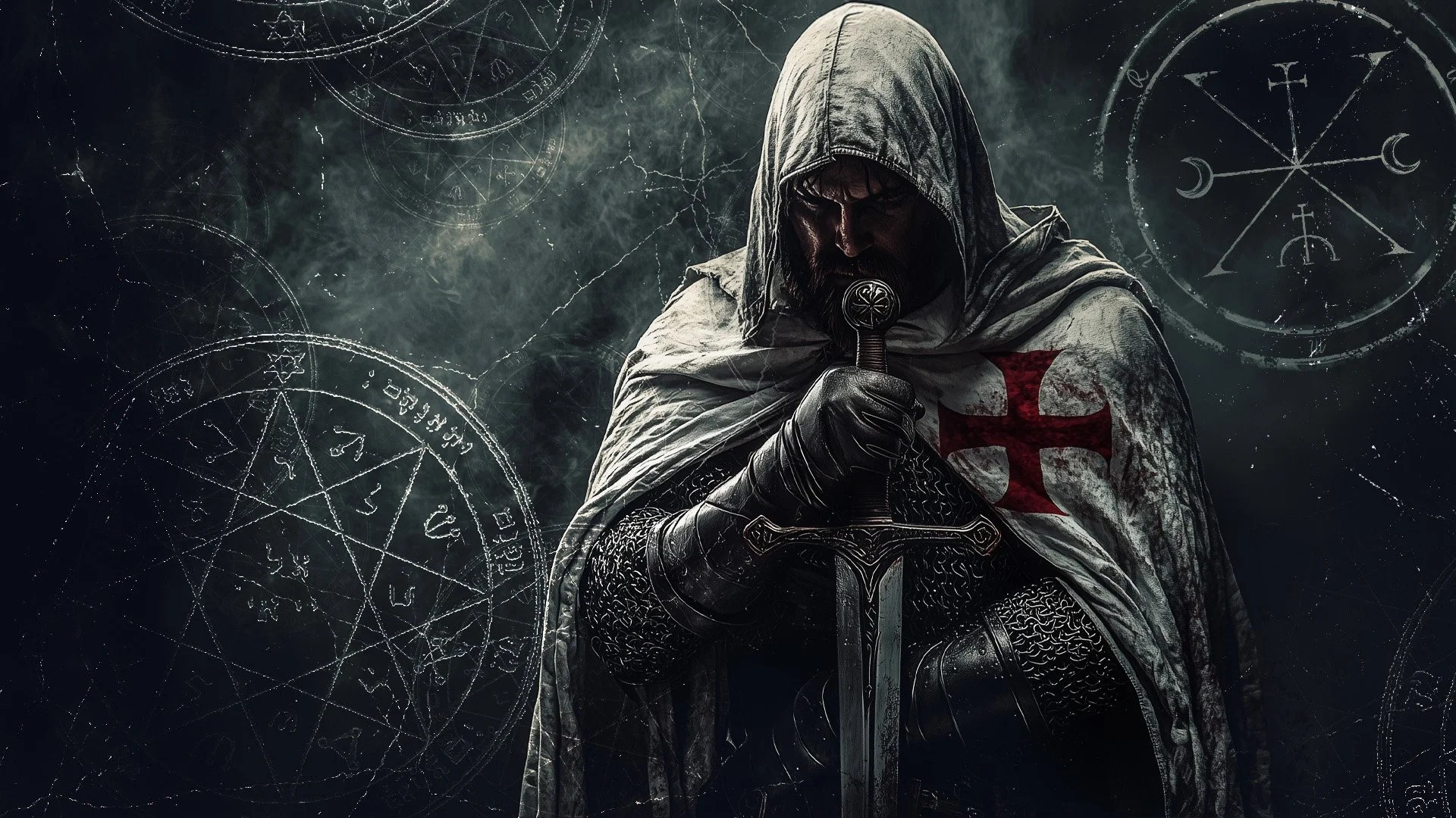 Knights Templar warrior — hooded, bearing a red cross, sword held in prayer